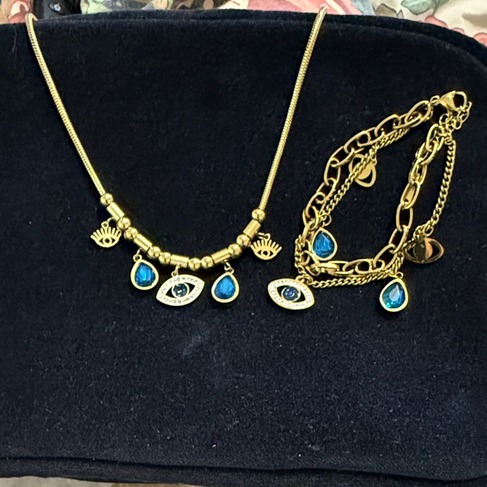 Gold and Blue Eye Charm Necklace and Bracelet Set